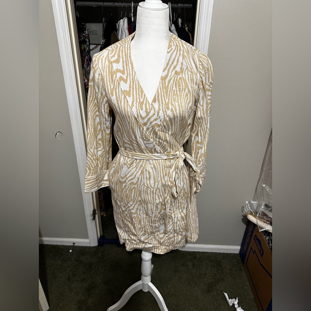 Emily McCarthy Day Robe Wrap Dress‎ Linen Zebra Animal Print Sz S